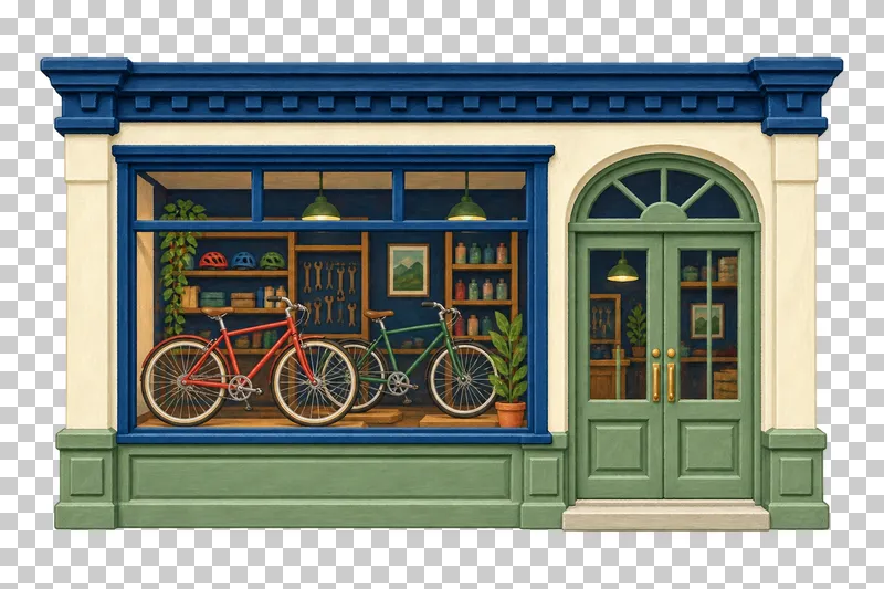 A wide gouache bicycle shop facade with two bicycles behind glass and green double doors.