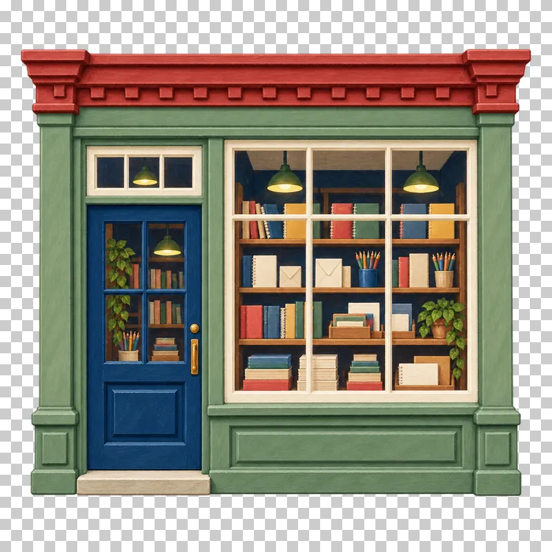 A sage gouache stationery shop facade with cream window frames, notebooks, paper and pencils.