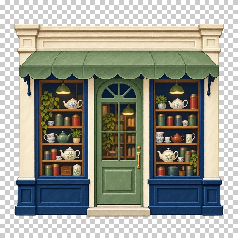 A gouache tea house facade with a central green door, curved awning and windows displaying teapots and tea tins.
