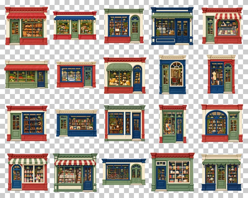 Gouache Shopfronts PNG Collection: all 20 elements in one grid