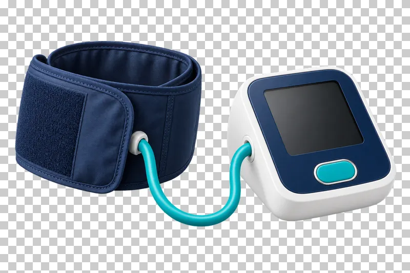 A white digital blood pressure monitor with a blank screen connected by a turquoise hose to a navy cuff.