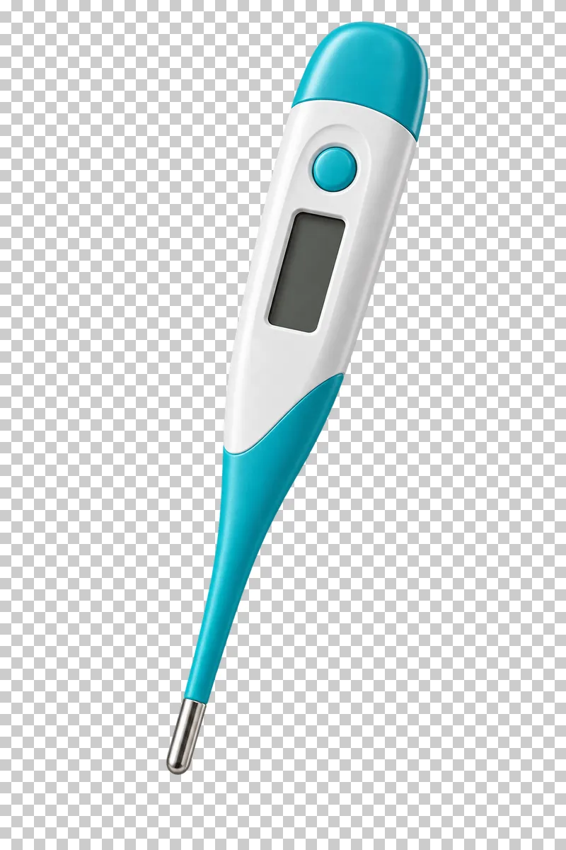 A white and turquoise electronic thermometer with a blank display and a metal probe.