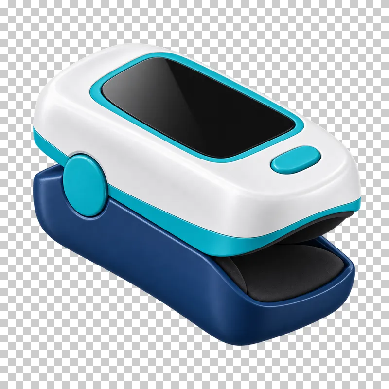 A white and navy fingertip pulse oximeter with turquoise trim and a blank screen.