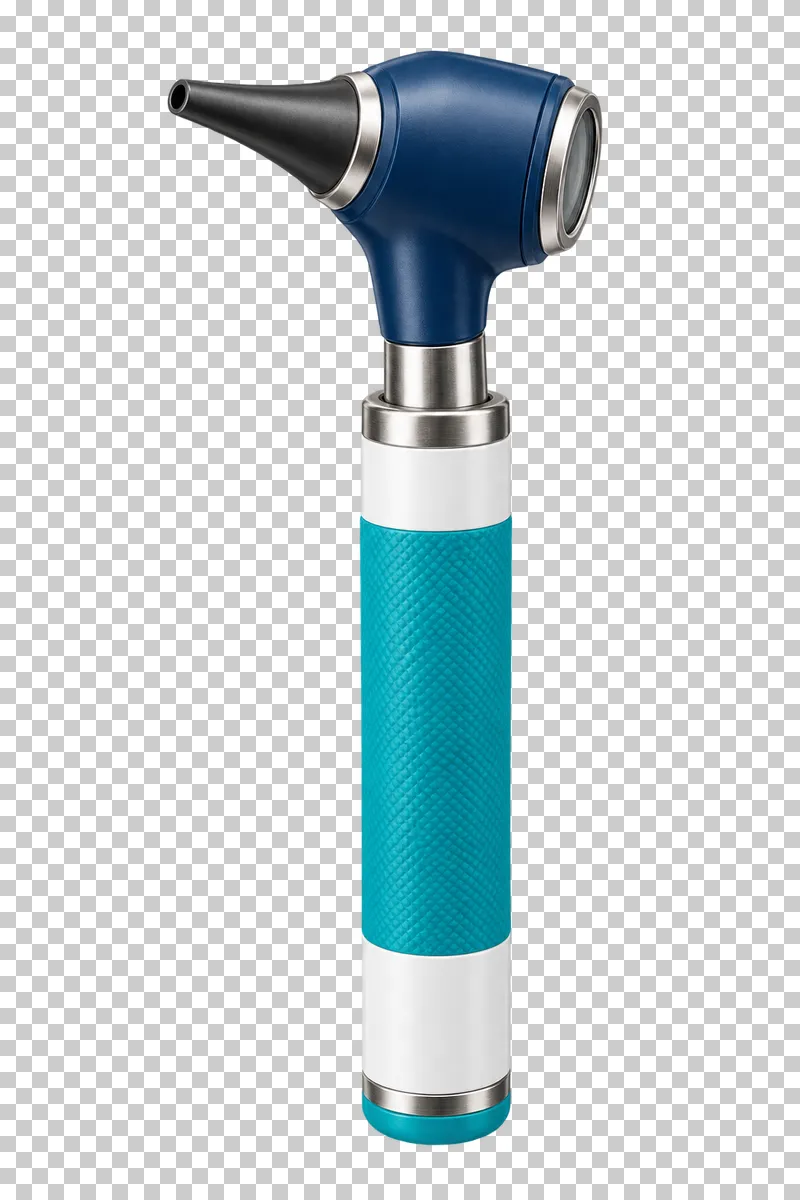 An otoscope with a turquoise grip, navy head and dark conical speculum.