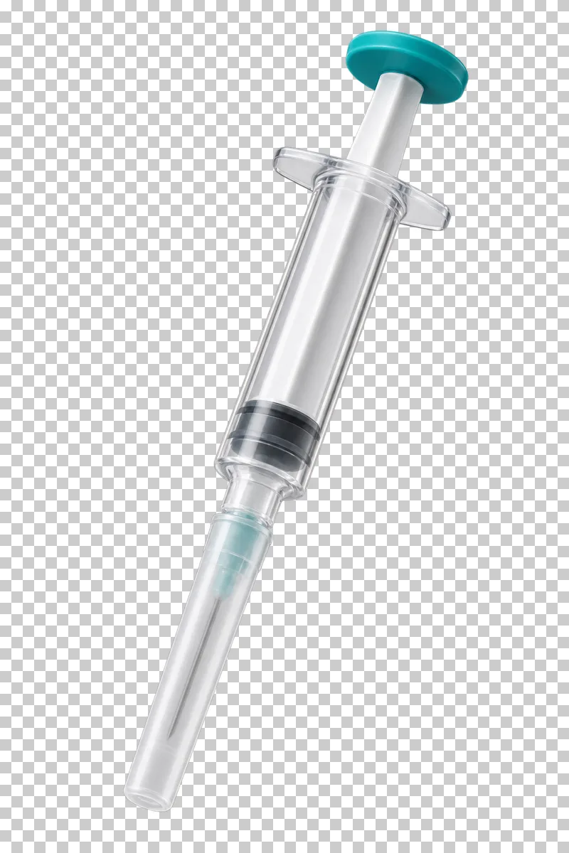 A clear medical syringe with a turquoise thumb pad and a needle enclosed in its protective cap.