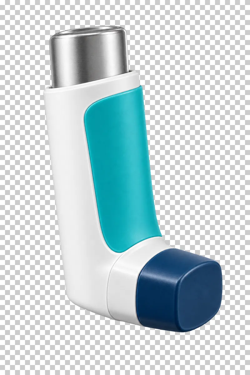 A white and turquoise inhaler with a silver canister and a navy mouthpiece cap.