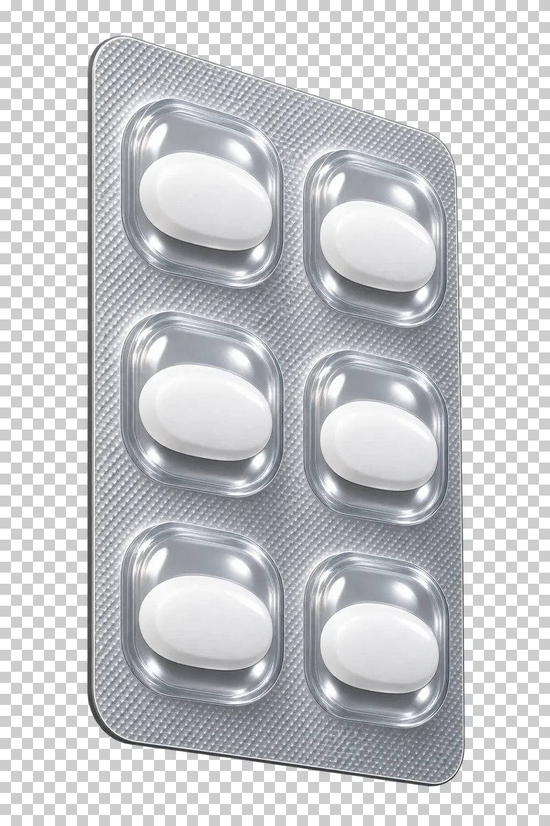 Six white oval tablets sealed in a silver blister card viewed at an angle.
