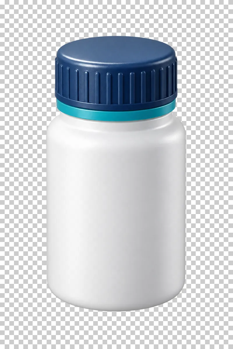 A closed white medicine bottle with a navy ribbed cap and turquoise collar.