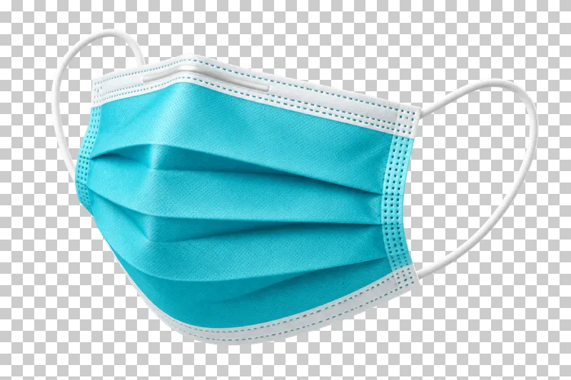 A pleated turquoise surgical mask with white borders and two elastic ear loops.