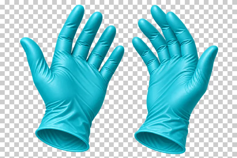 Two empty turquoise medical gloves, each with five fingers and an open wrist cuff.