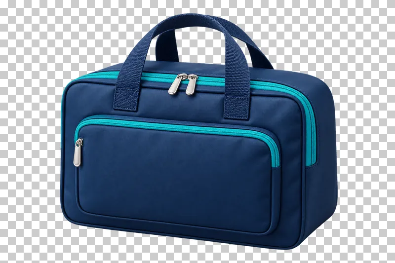 A closed navy first aid bag with turquoise zippers and two fabric handles, without an emblem.
