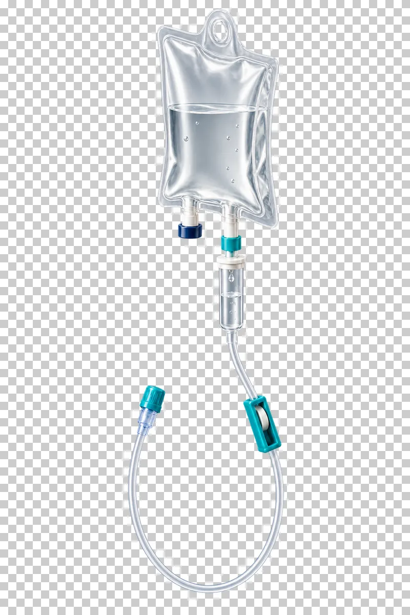 A clear IV bag connected to a drip chamber and a continuous tube with a turquoise clamp and capped connector.