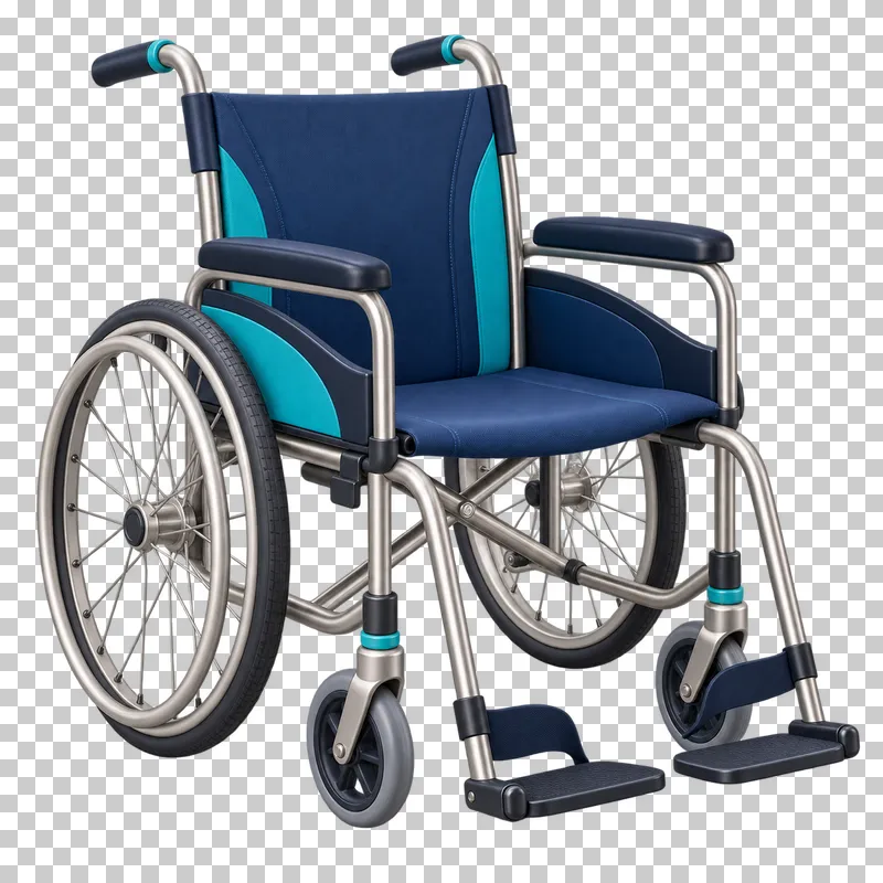 An empty manual wheelchair with a silver frame, navy upholstery, turquoise accents, two rear wheels and two front casters.
