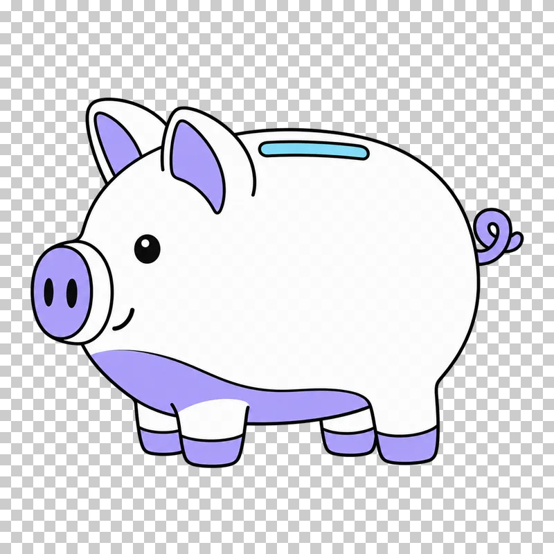 A lavender piggy bank with a coin slot and curled tail.