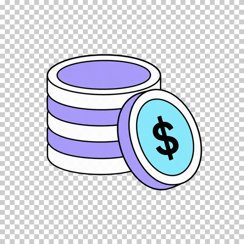 A stack of lavender and cyan coins with a dollar coin leaning against it.