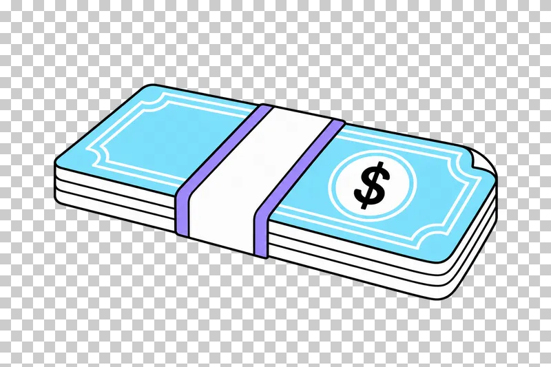 A bundle of cyan banknotes held by a lavender paper band.