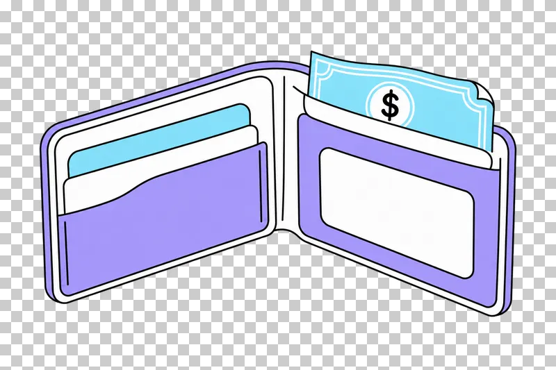 An open lavender wallet with card pockets and a cyan banknote in the cash compartment.