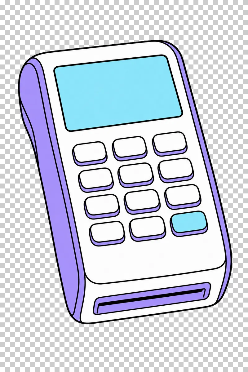 A lavender payment terminal with a blank display, keypad and card slot.