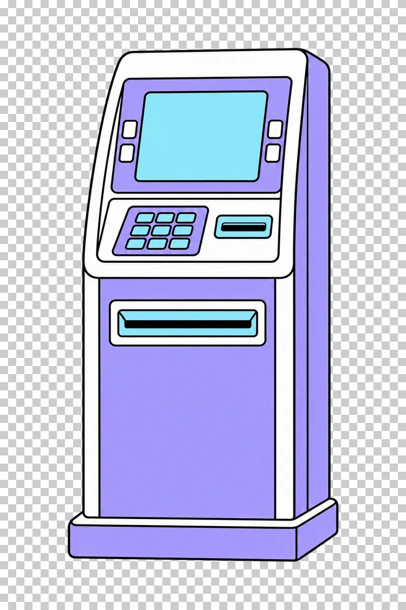 A tall lavender ATM with a blank screen, keypad and cash slot.