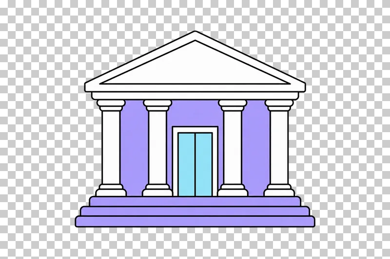 A bank building with a triangular roof, four columns and front steps.