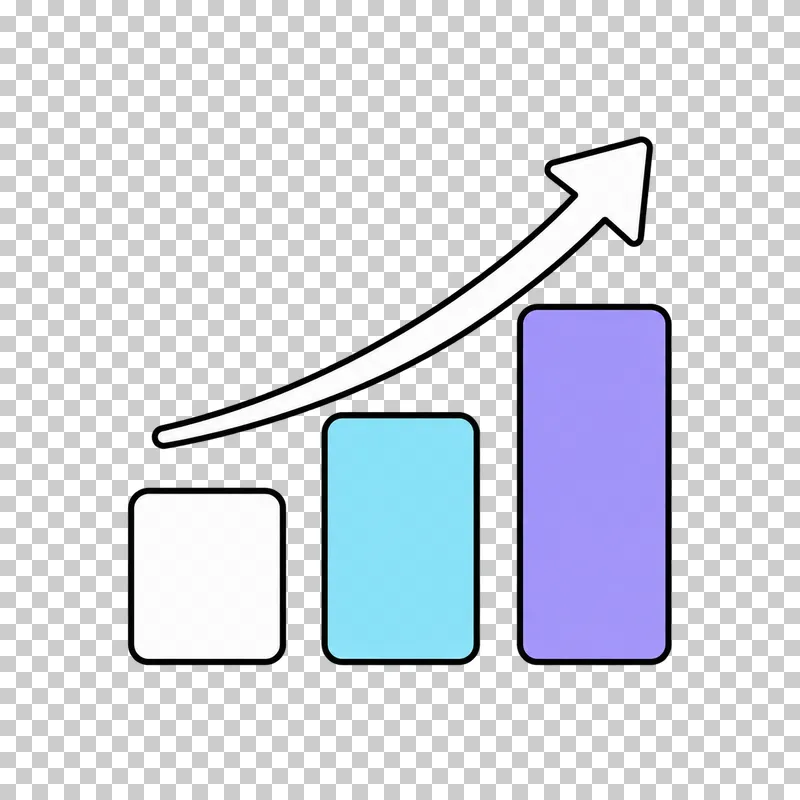 Three ascending lavender and cyan bars with an upward arrow.