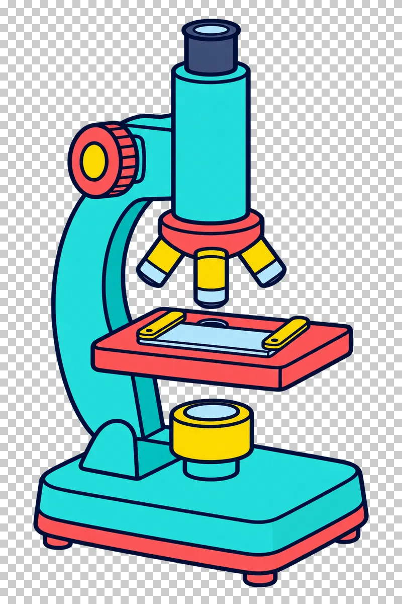 A turquoise upright microscope with a coral stage, yellow objectives and a base-mounted illuminator.