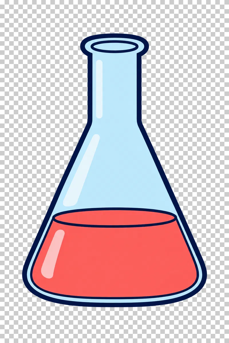 A pale-blue conical Erlenmeyer flask containing coral liquid.