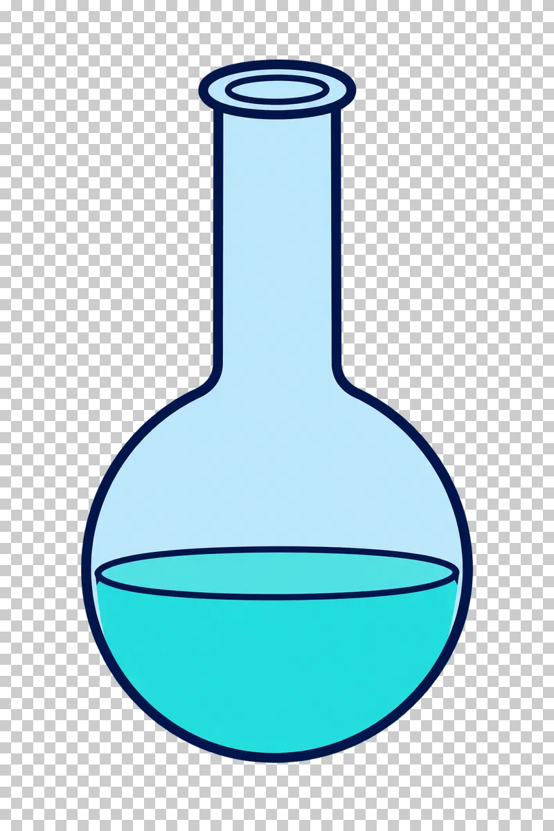 A pale-blue round-bottom flask with a narrow neck and turquoise liquid.