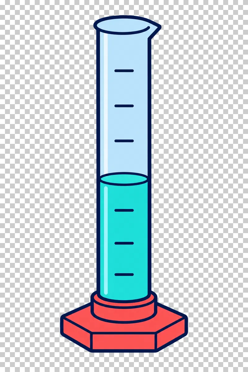 A tall pale-blue graduated cylinder with simple unnumbered ticks, turquoise liquid and a coral base.