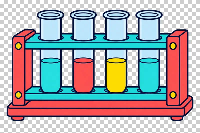 Four pale-blue test tubes containing turquoise, coral and yellow liquid in a turquoise and coral rack.