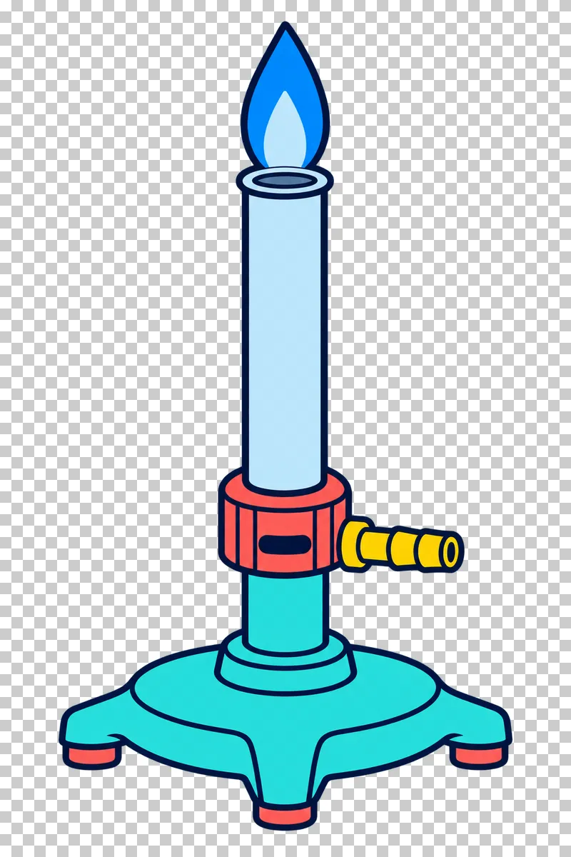 A pale-blue Bunsen burner with a blue flame, coral air collar, yellow gas inlet and turquoise base.