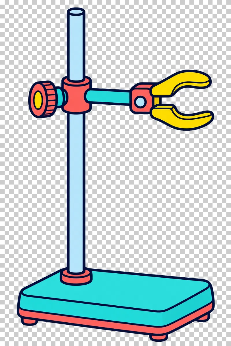 A laboratory retort stand with a pale-blue upright rod, coral connector and yellow clamp on a turquoise base.