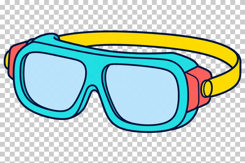 Turquoise laboratory safety goggles with pale-blue lenses, coral side fittings and a yellow strap.