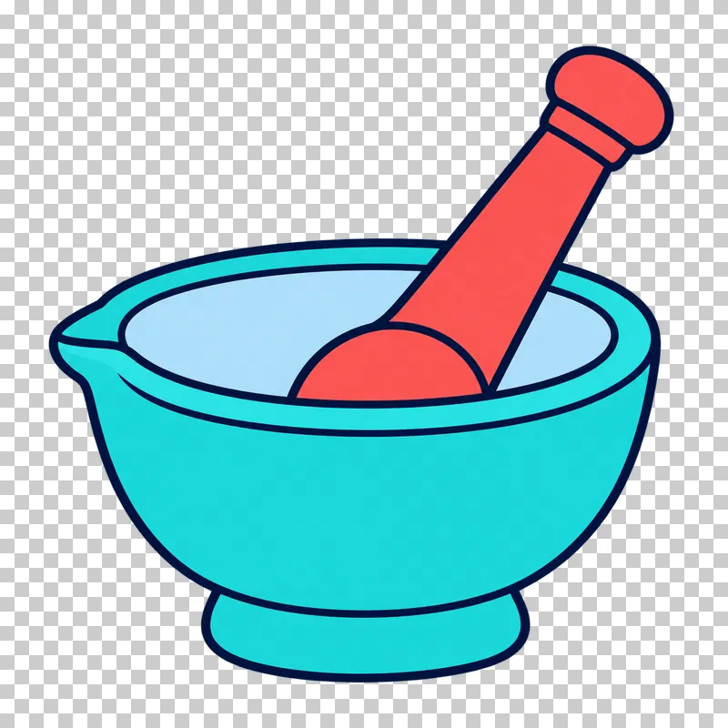 A turquoise ceramic mortar with a pale-blue interior and a coral pestle resting inside.