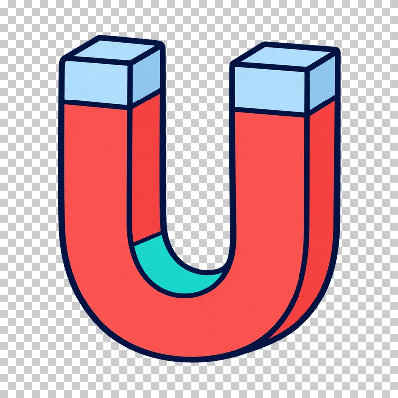 A coral horseshoe magnet with pale-blue pole tips and a turquoise inner bend.