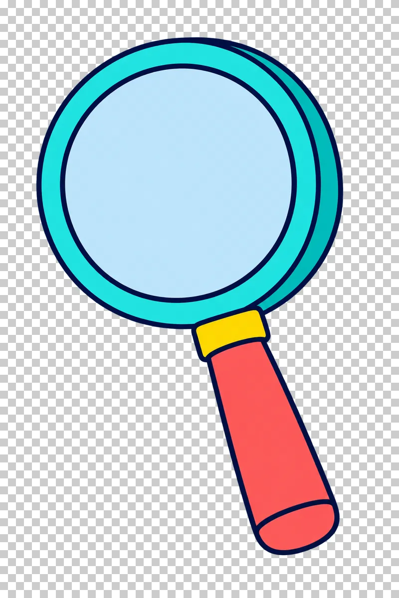 A magnifying glass with a pale-blue lens, turquoise rim, yellow collar and coral handle.