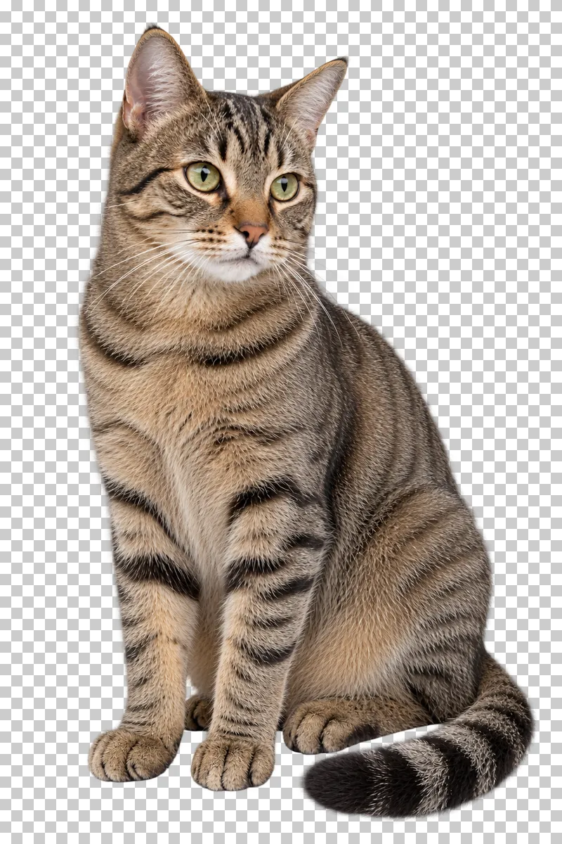 Adult brown mackerel tabby, short coat, average build, seated three-quarter view.