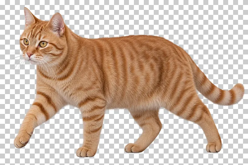 Adult ginger tabby, short coat, sturdy build, walking in profile.