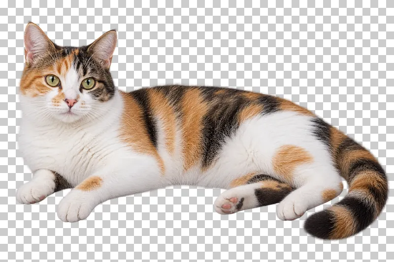 Adult white, ginger and black calico, medium coat, lying relaxed on one side.