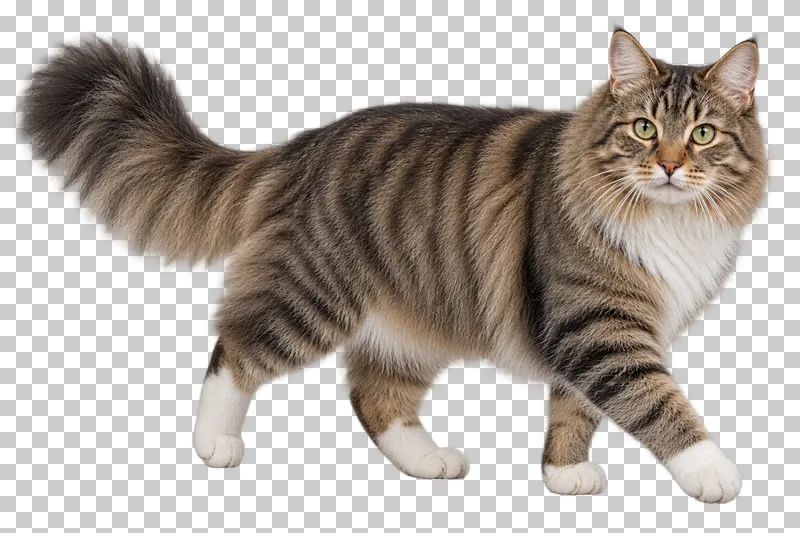 Adult brown tabby with white chest and paws, long coat, large build, walking with full plume tail visible.
