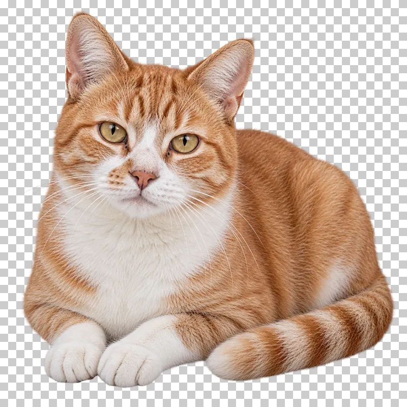 Senior adult ginger-and-white cat, short coat, average build, compact resting pose with forepaws visible and tail alongside.