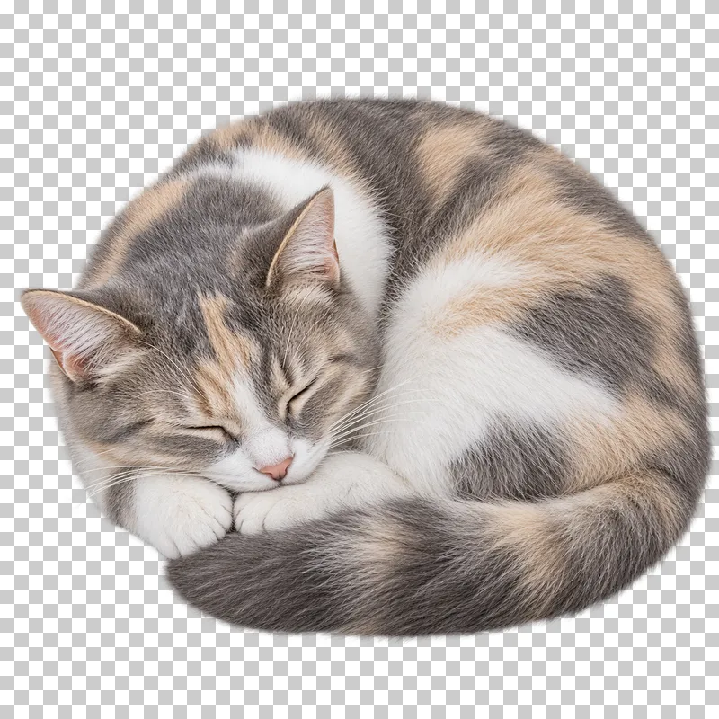 Adult gray, cream and white dilute calico, medium coat, petite build, curled asleep from a gentle elevated three-quarter view.