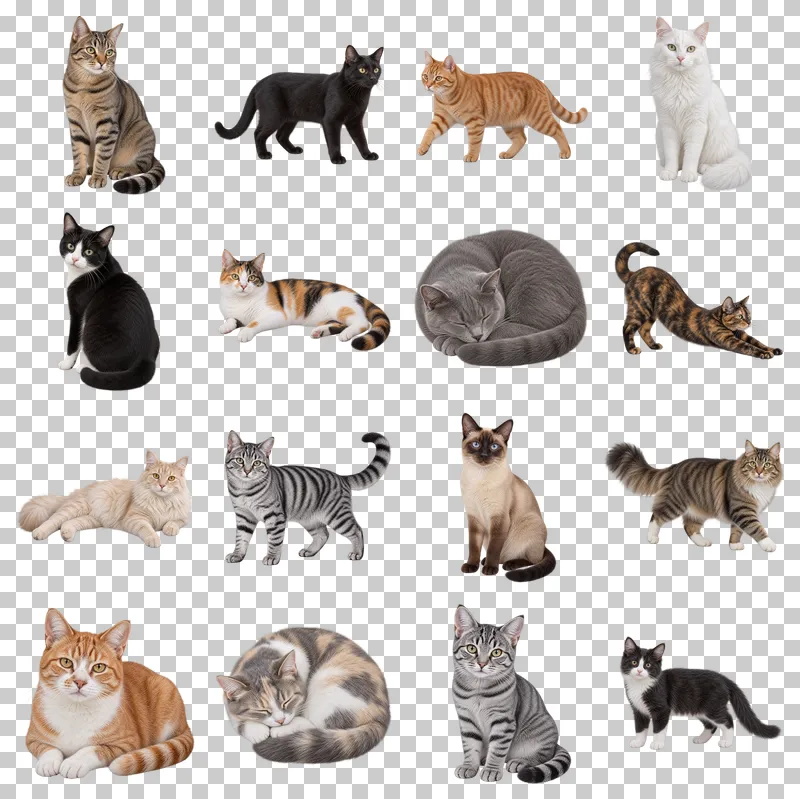 Domestic Cats Photo PNG Collection: all 16 elements in one grid