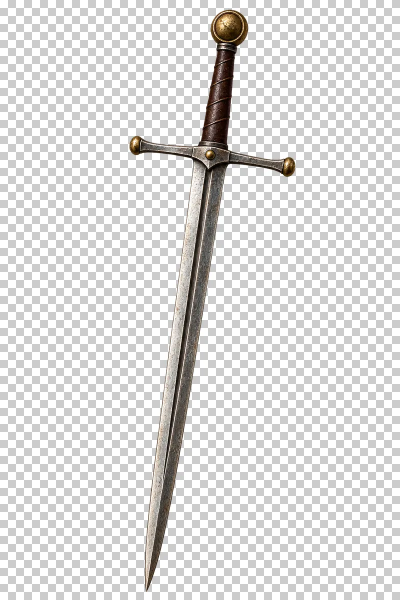 A steel longsword with a dark leather grip, straight crossguard and brass pommel.
