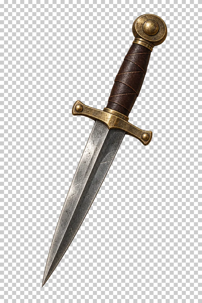 A pointed steel dagger with a dark leather grip and brass fittings.