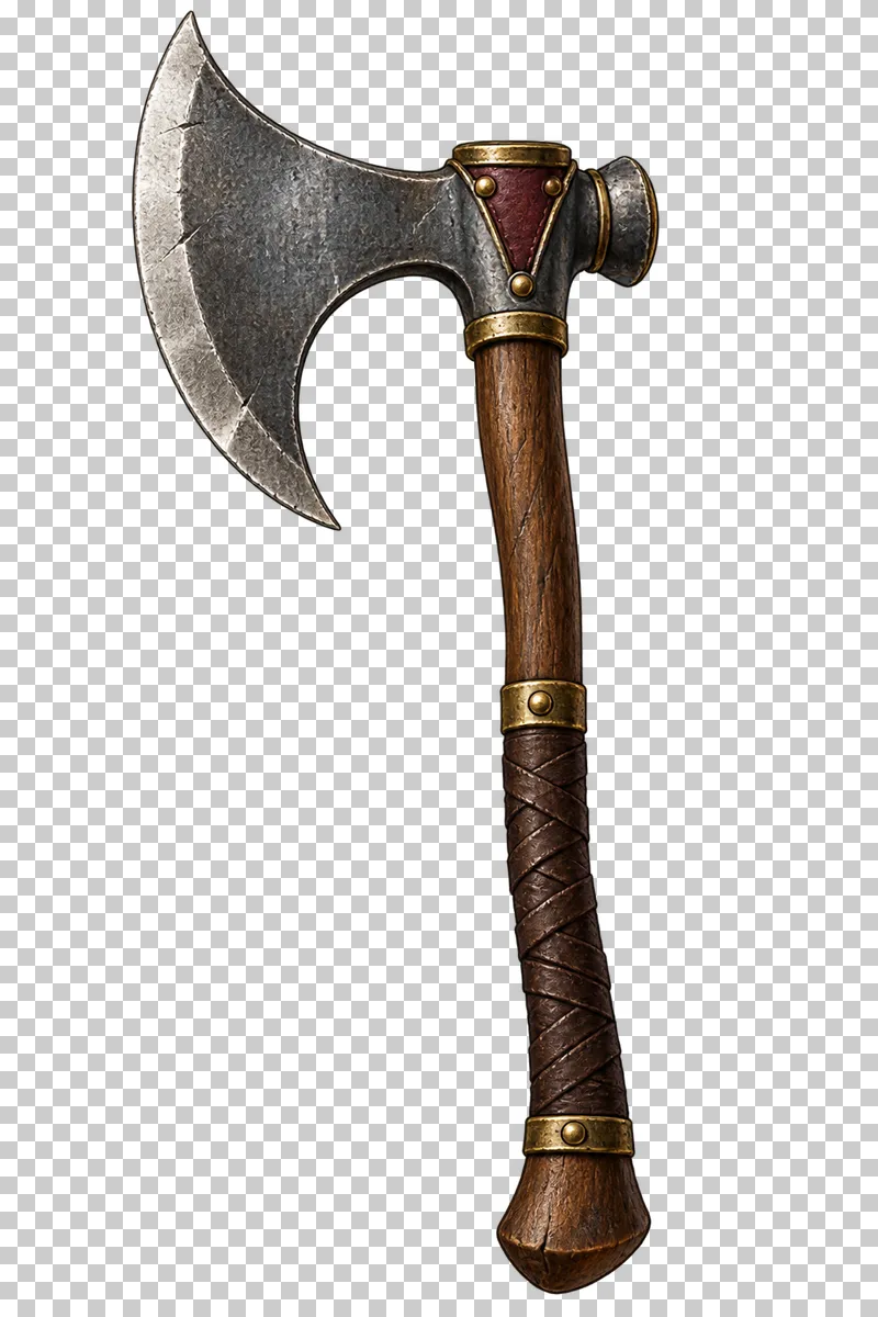 A single-bladed steel battle axe on a wooden haft with a leather grip.