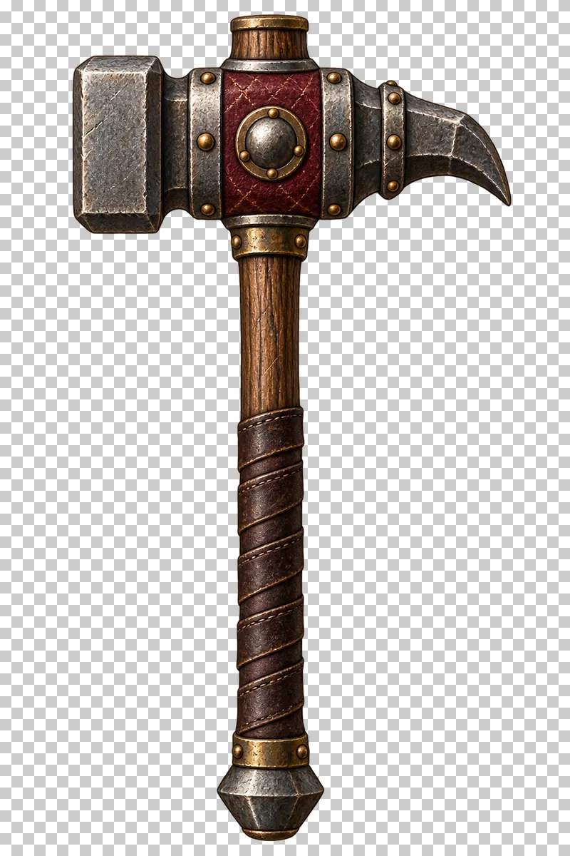 A steel war hammer with a squared striking face, rear beak and leather-wrapped wooden handle.