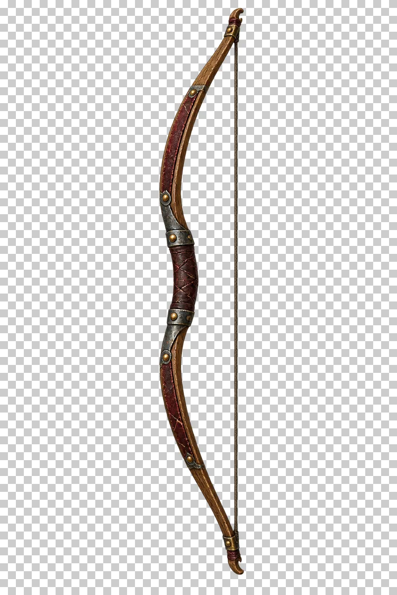 A curved wooden bow with a complete taut bowstring and dark leather grip.
