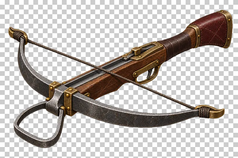 A steel and wood crossbow with a complete bowstring, trigger and front stirrup.