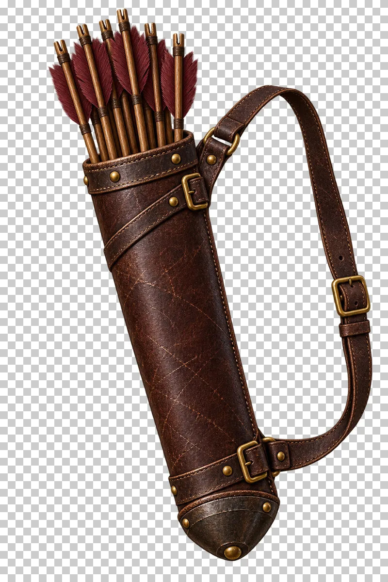A dark leather quiver holding arrows with burgundy fletching and a complete shoulder strap.